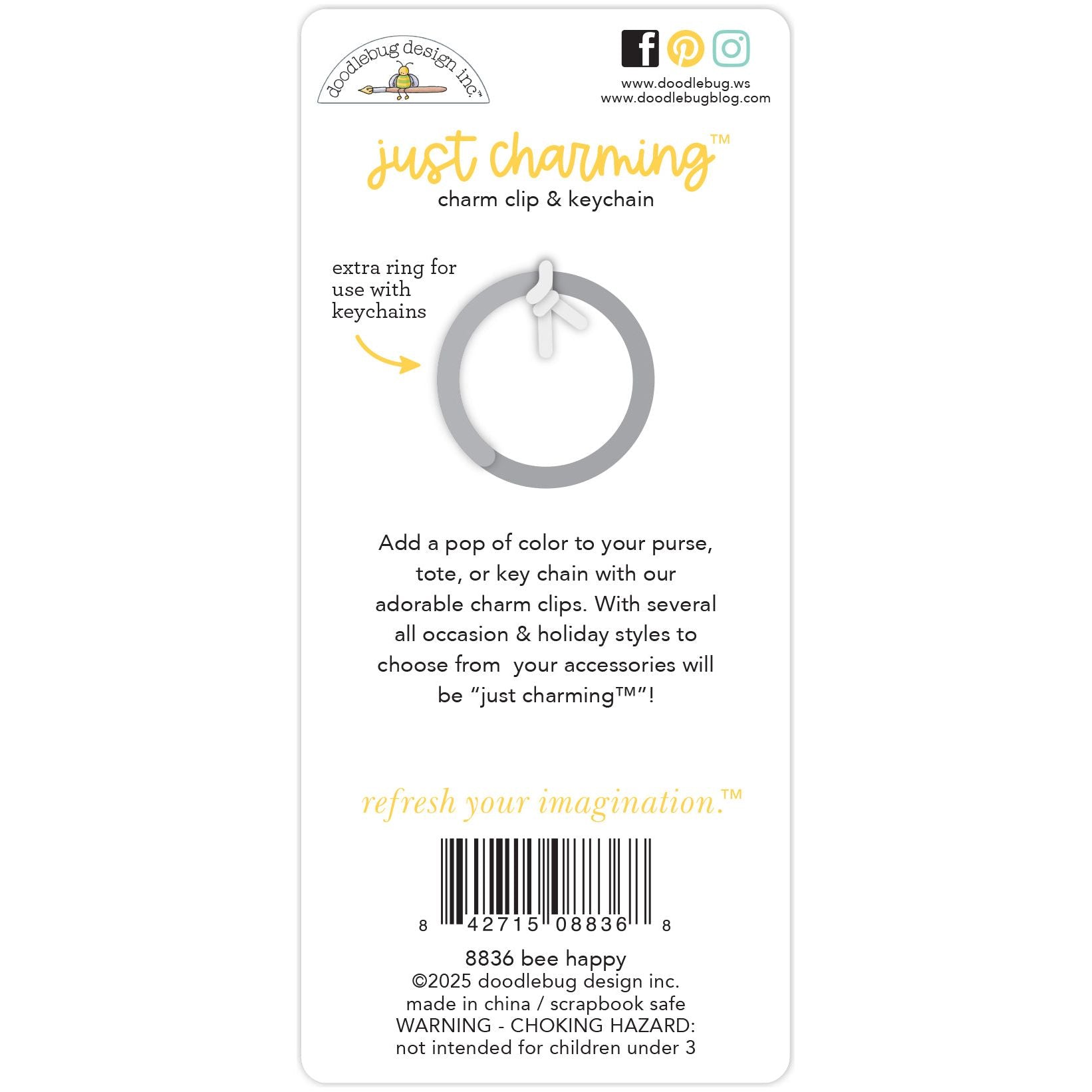 Doodlebug Bee Happy Just Charming Keychain Clip 8836 back