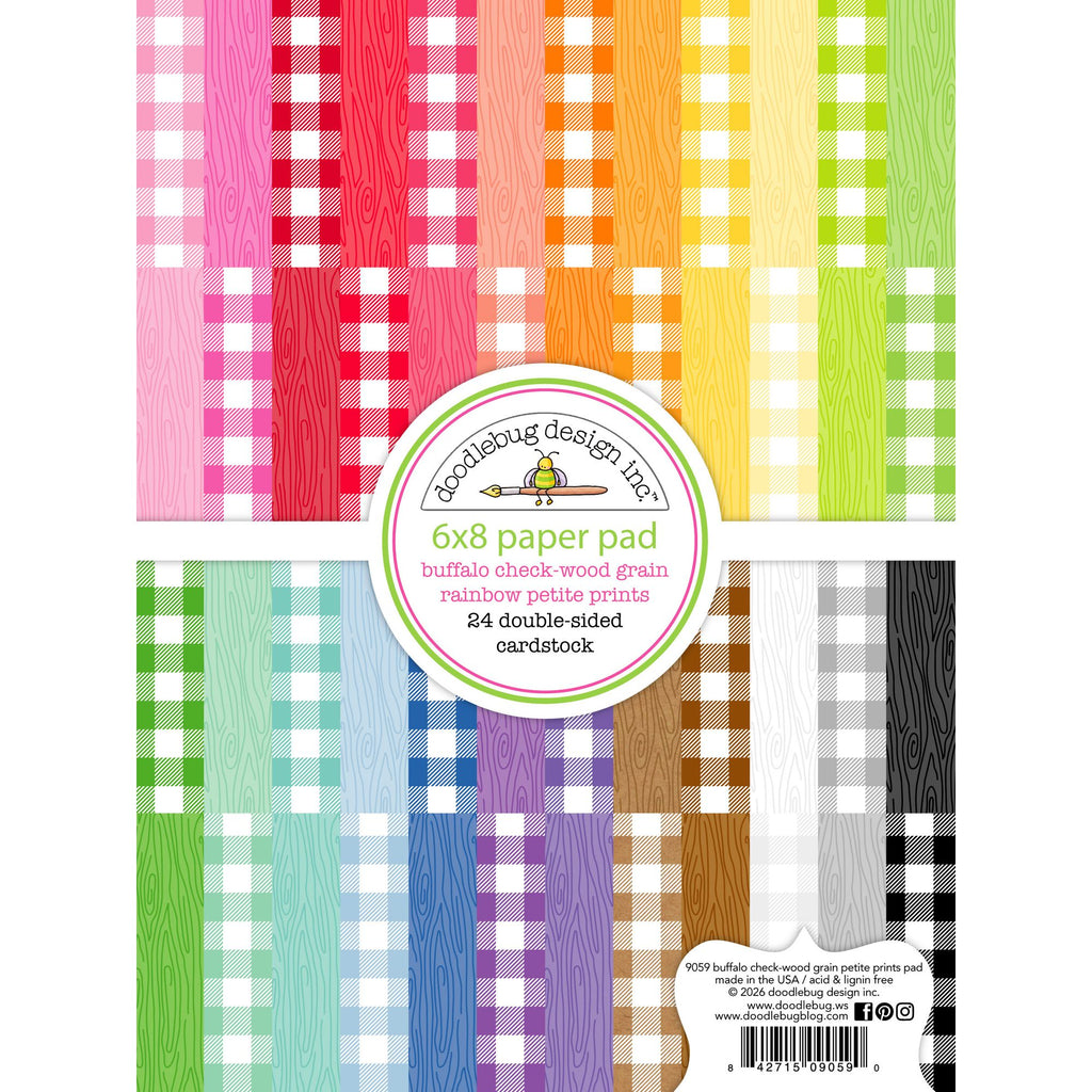 Doodlebug Buffalo Check Woodgrain Rainbow Petite Prints 6x8 Inch Paper Pad 9059
