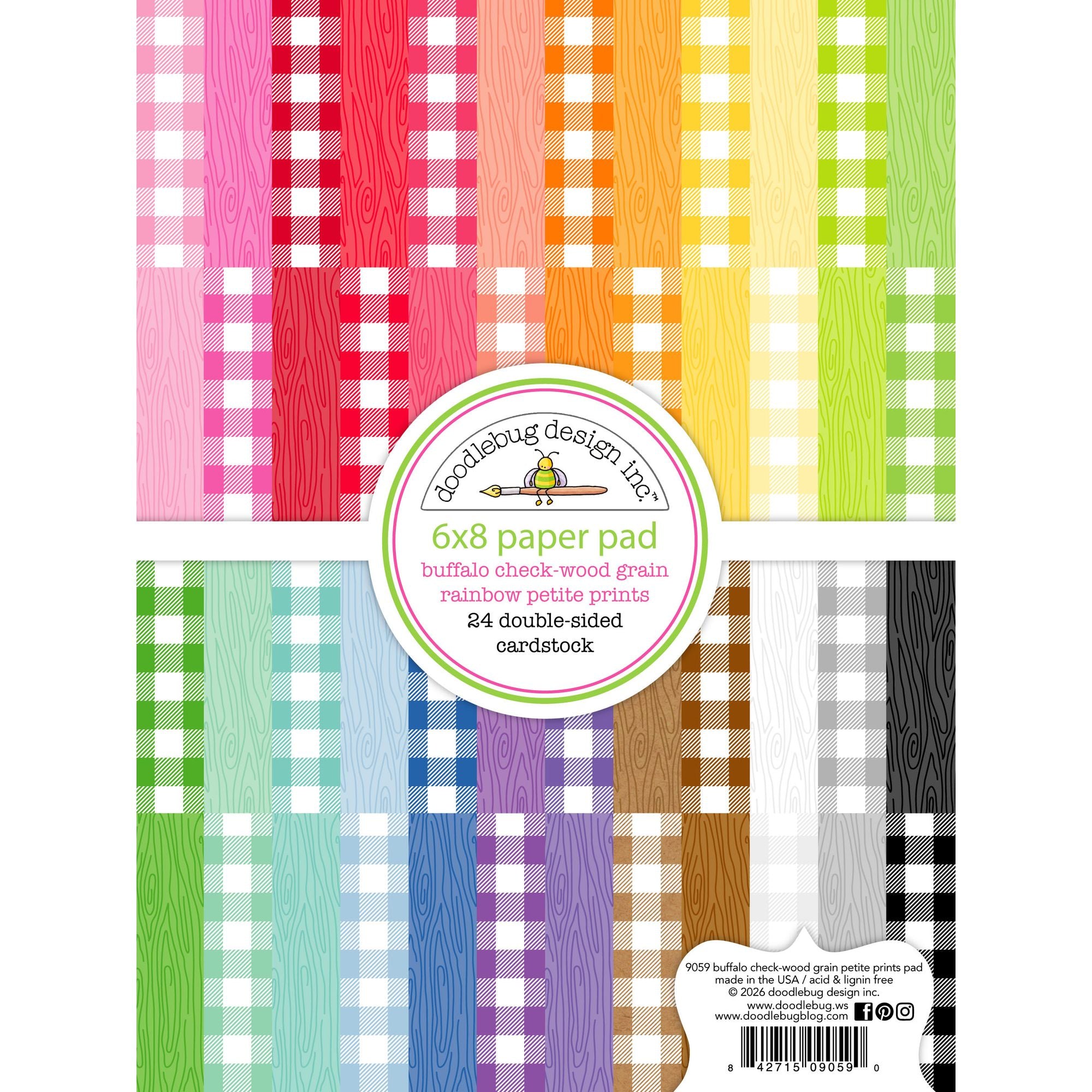 Doodlebug Buffalo Check Woodgrain Rainbow Petite Prints 6x8 Inch Paper Pad 9059