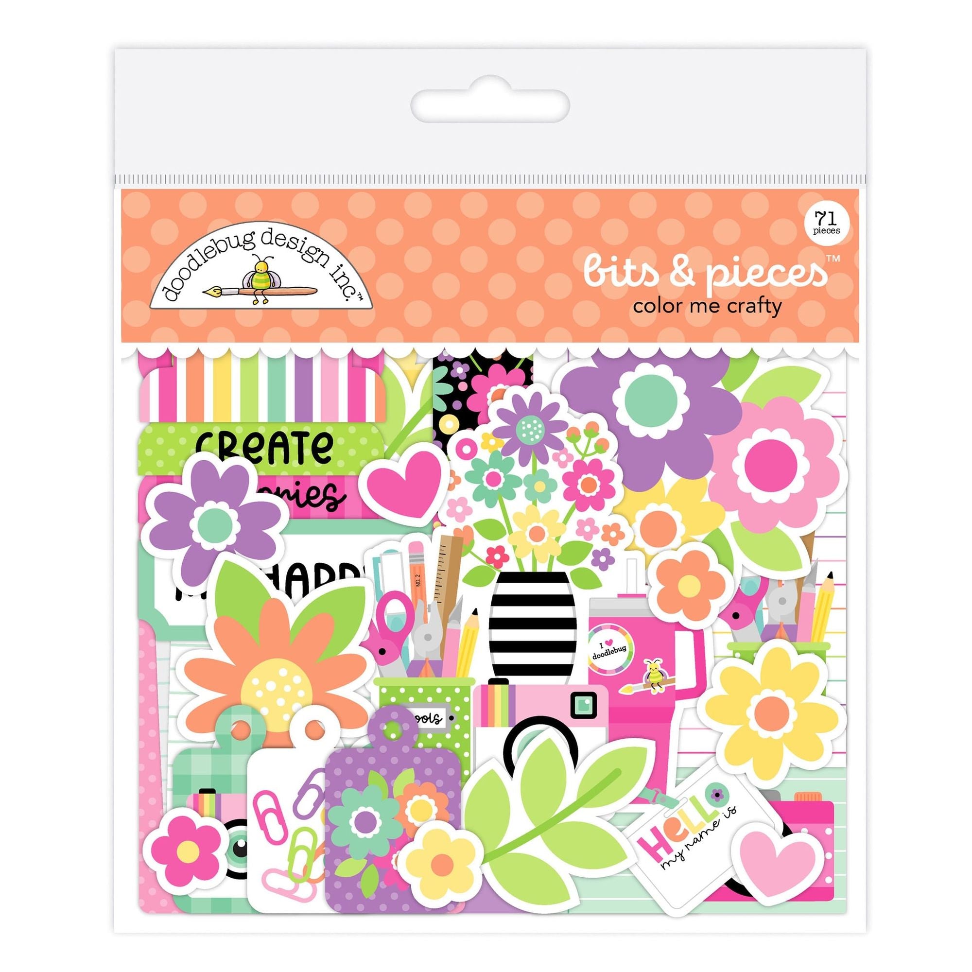 Doodlebug Color Me Crafty Bits and Pieces Ephemera Die Cut Shapes 9092 in packaging