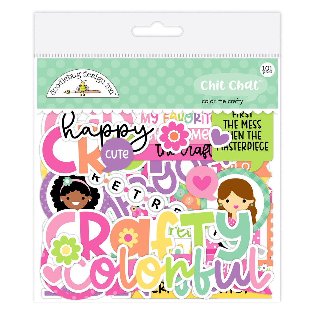 Doodlebug Color Me Crafty Chit Chat Ephemera Die Cut Shapes 9091 in packaging