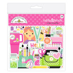 Packaging of Doodlebug Design Inc. odds & ends color me crafty stickers with various stationery items on a pink background.