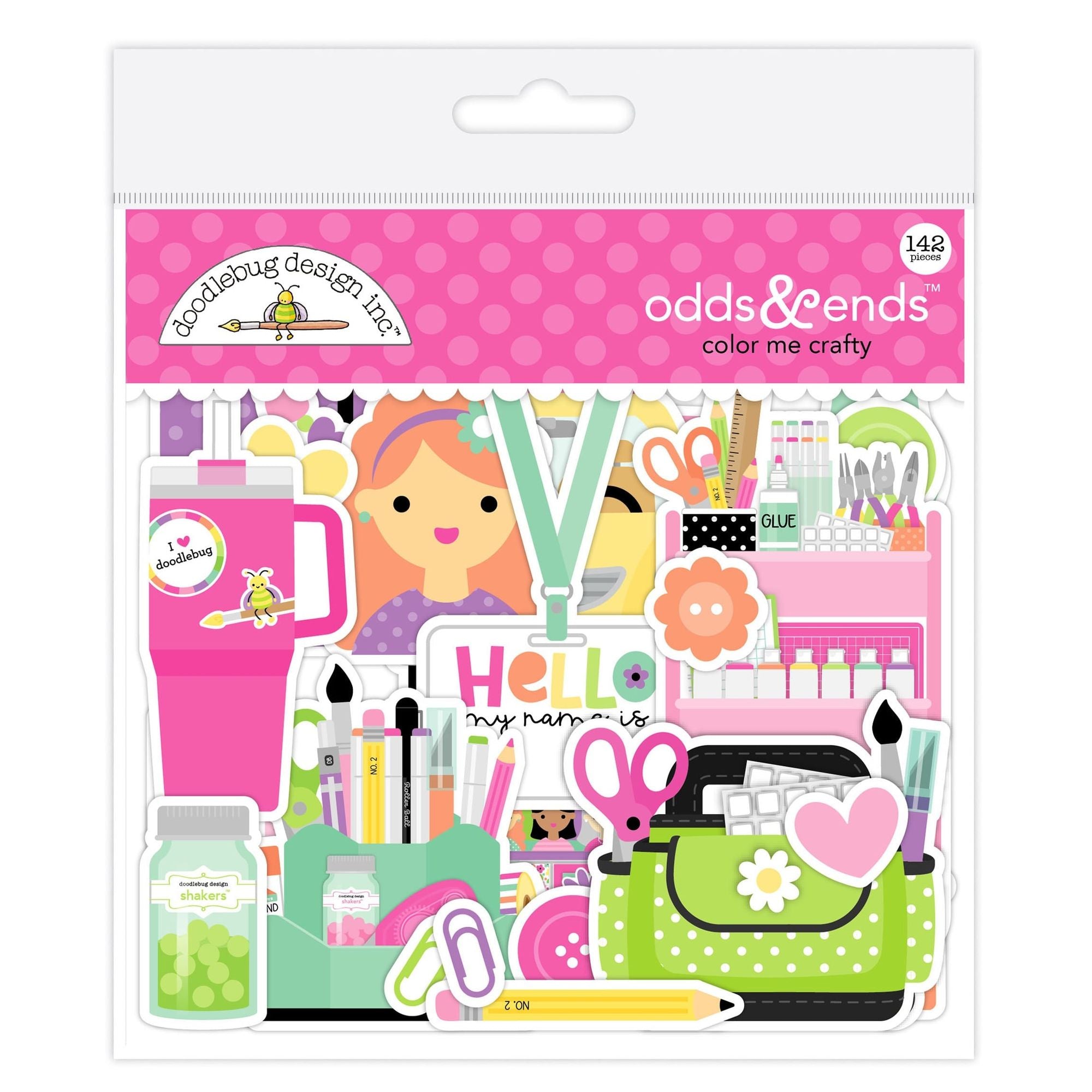 Packaging of Doodlebug Design Inc. odds & ends color me crafty stickers with various stationery items on a pink background.
