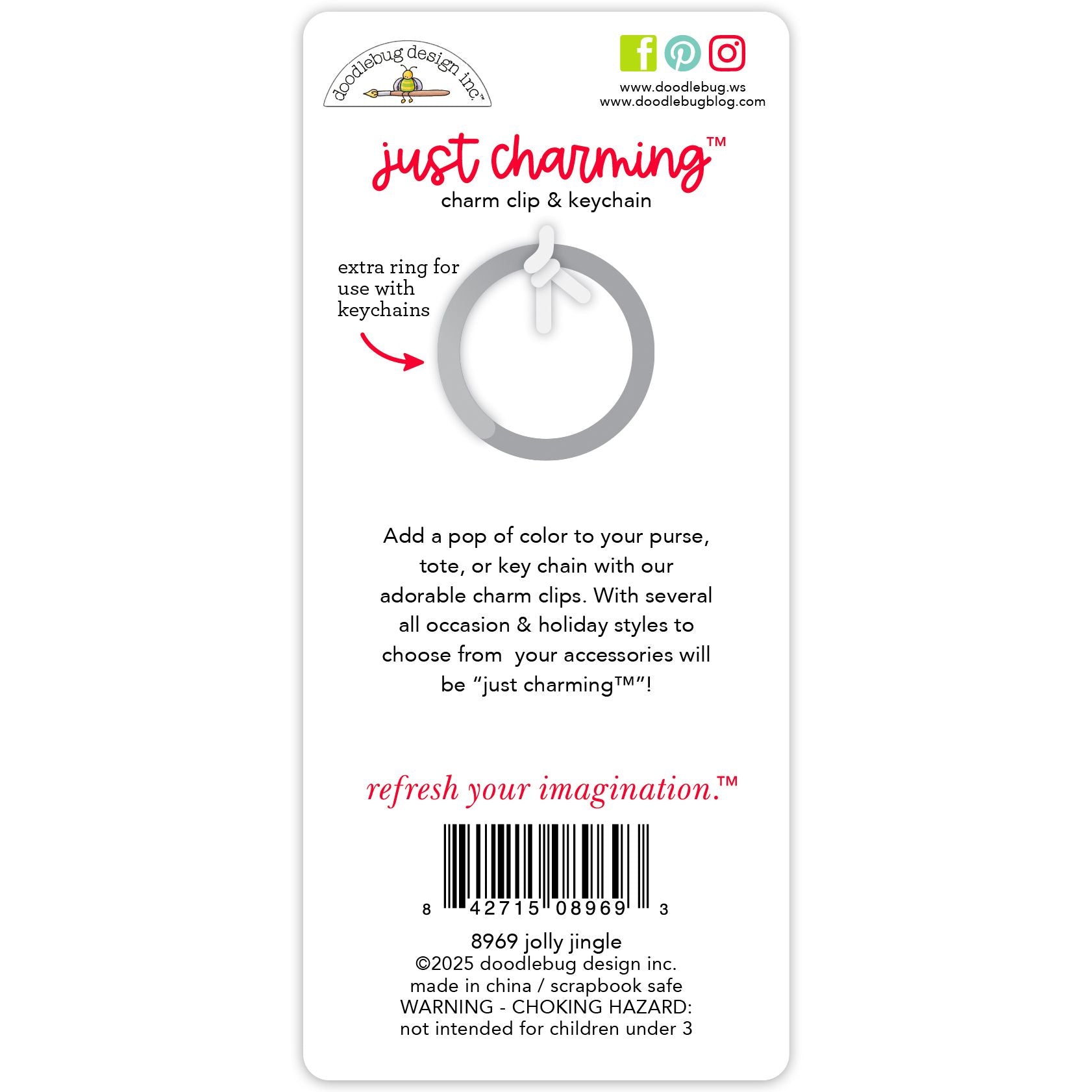 Back of a charm clip and keychain packaging with text and a barcode.