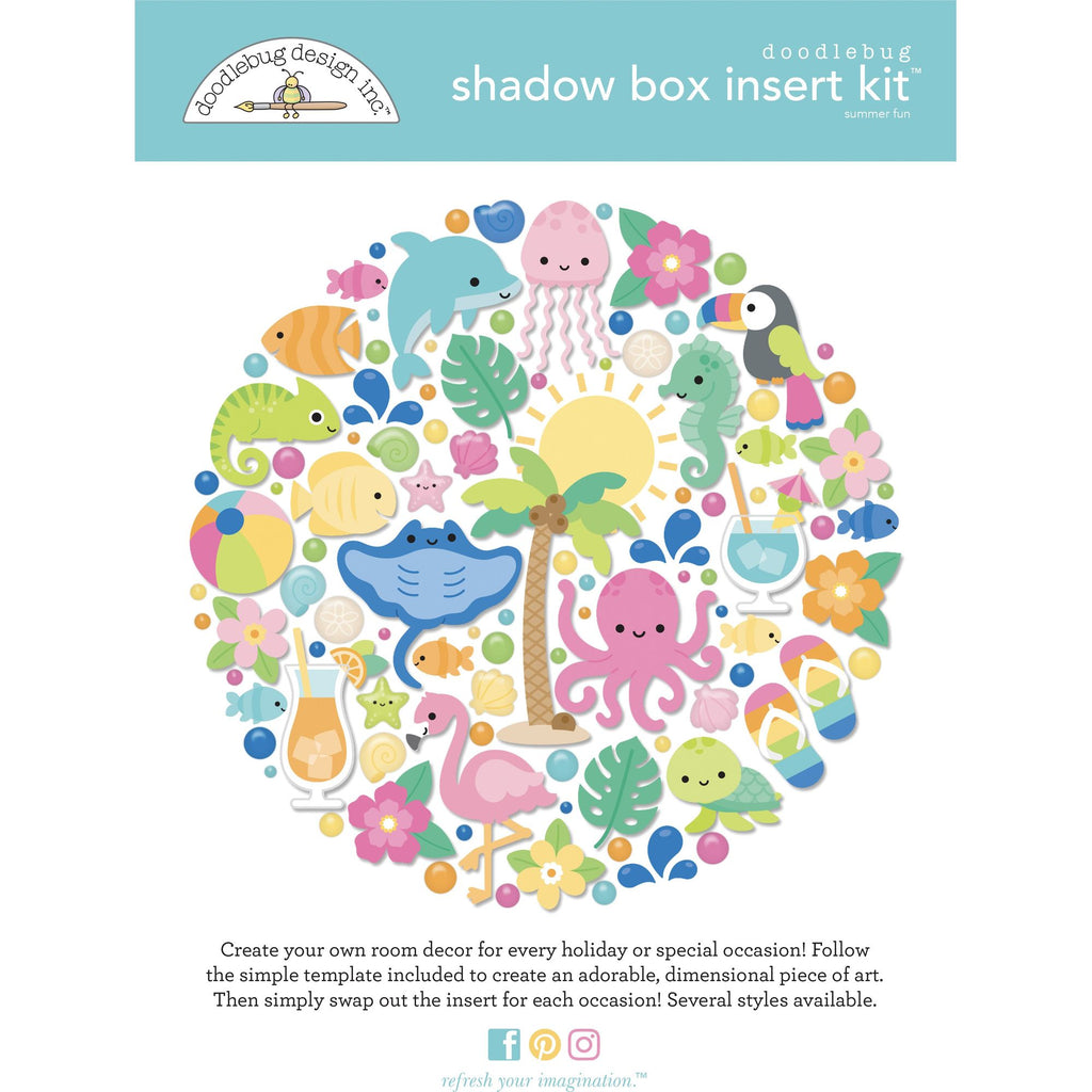 Shadow box insert kit with colorful sea-themed stickers on a white background