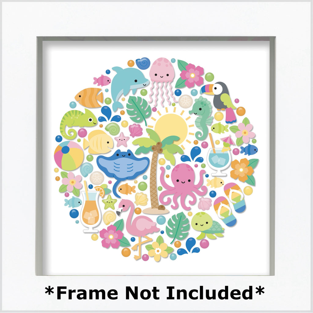 Colorful circular design with sea-themed illustrations on a white background, with a frame not included.