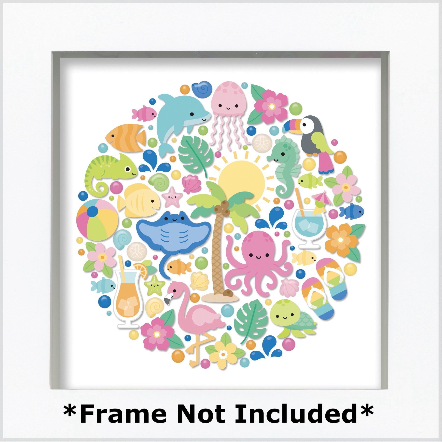 Colorful circular design with sea-themed illustrations on a white background, with a frame not included.