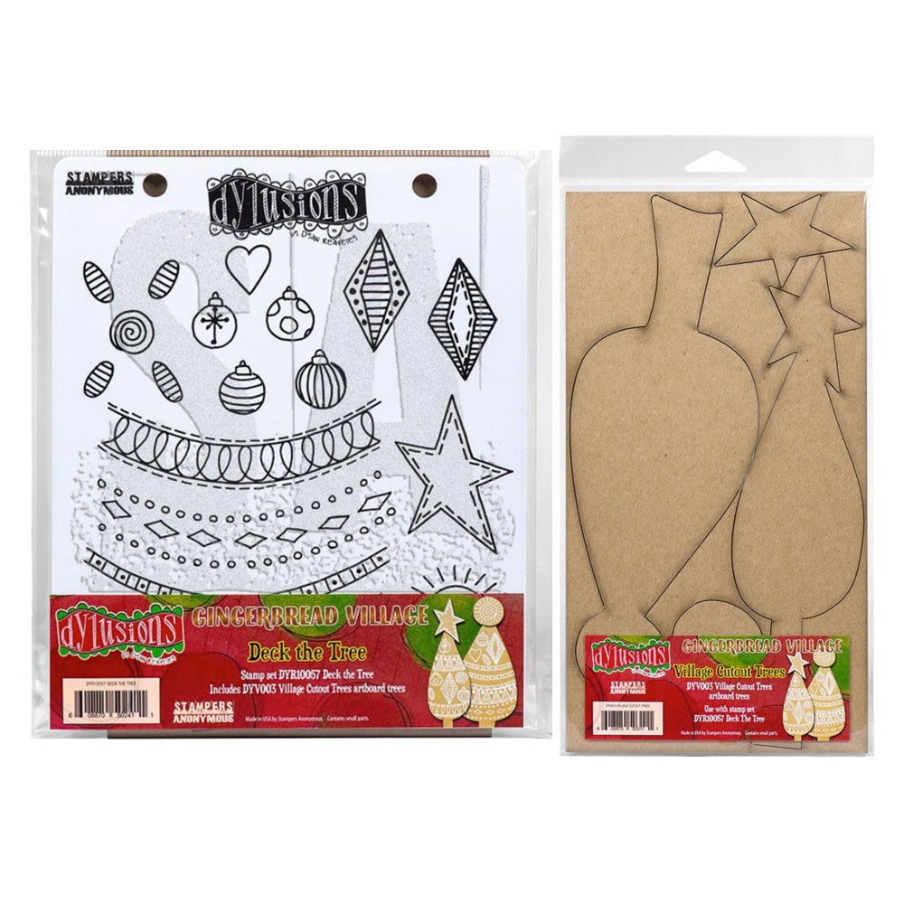 Dyan Reaveley Dylusions Deck The Tree Cling Stamp and Village Cut Out Tree Artboard Set dyr10057