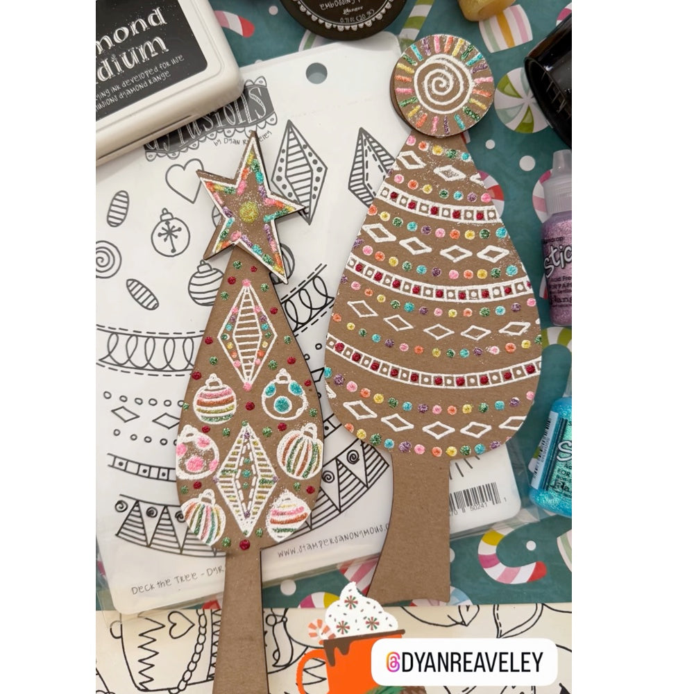Dyan Reaveley Dylusions Deck The Tree Cling Stamp and Village Cut Out Tree Artboard Set dyr10057 colorful decorated tree boards