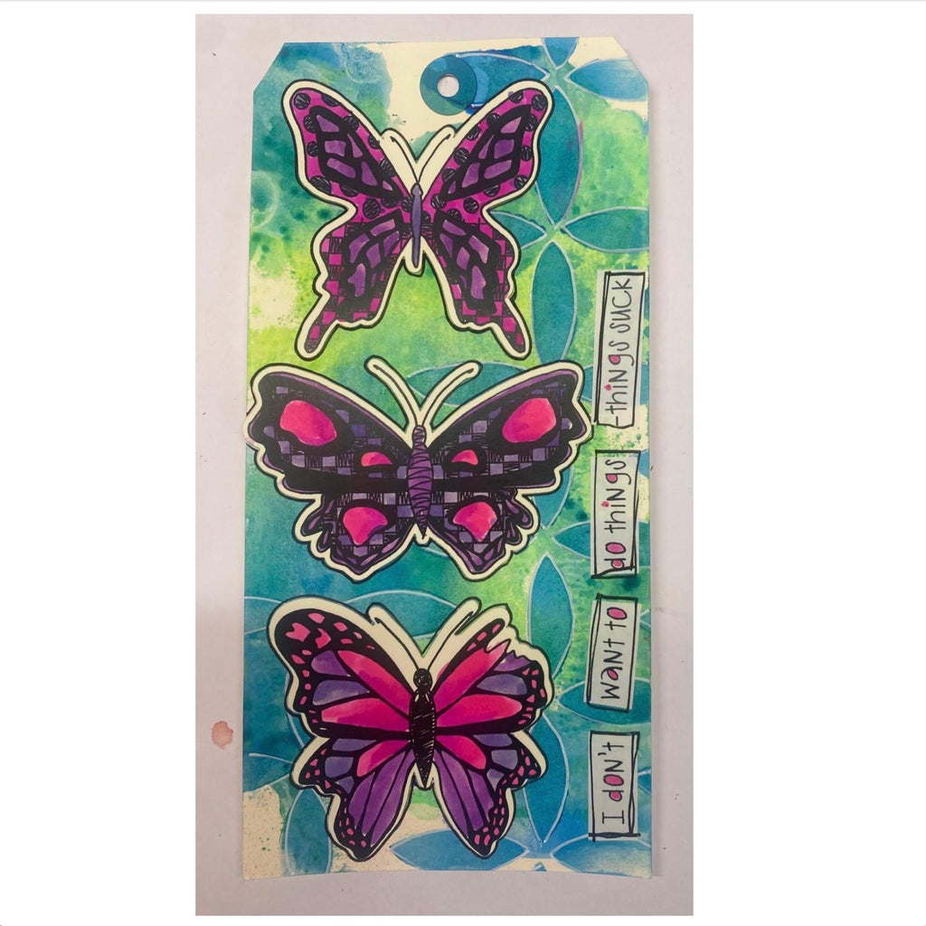 Dyan Reaveley Dylusions Flutterby Cling Stamps dyr10048 purple pink butterfly tag