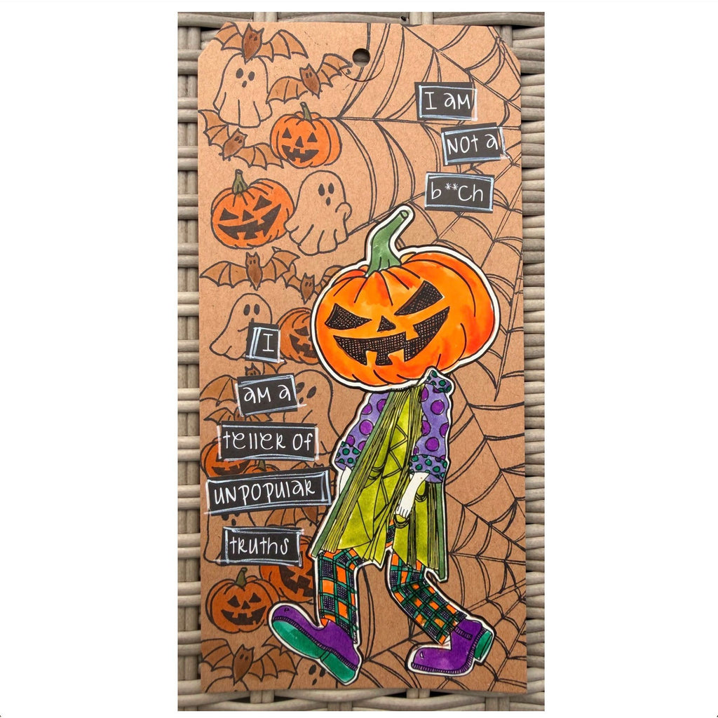 Dyan Reaveley Dylusions Halloween Borders Cling Stamps dyr10054 person wearing pumpkin head tag