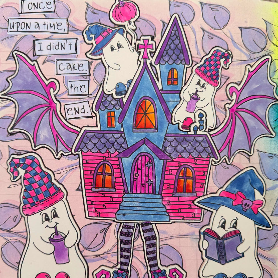Dyan Reaveley Dylusions Spooky Season Cling Stamps dyr10051 house with wings card