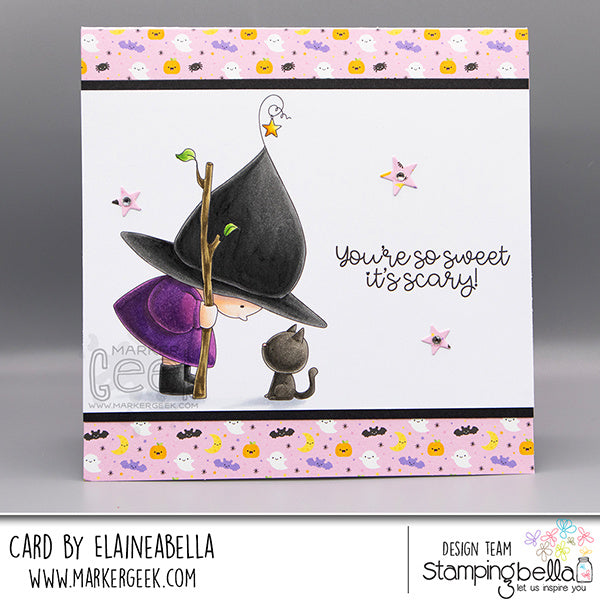 Stamping Bella Bundle Girl Witchy and Kitty Cling Stamps eb1495 black hat stars stick halloween card