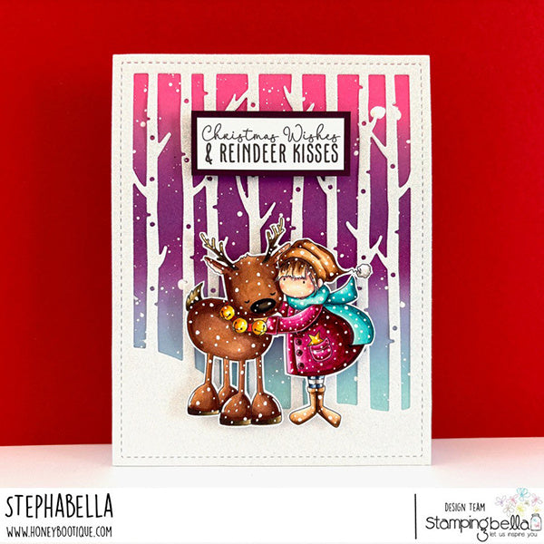 Stamping Bella Tiny Townie Rita's Reindeer Snuggle Cling Stamps eb1497 gold bells purple jacket blue scarf tree christmas card