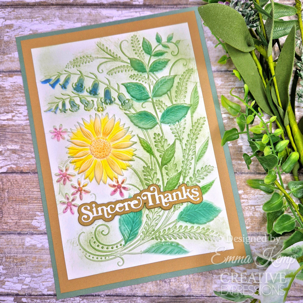 Creative Expressions Sunshine Serenade 3D Embossing Folder and Companion Stencil Bundle sincere thanks