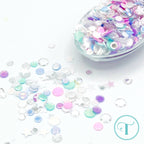 Trinity Stamps Candy Cottage Confetti Embellishment Mix emb-0010 spoon with stars, blue, pink, green, and crystal confetti