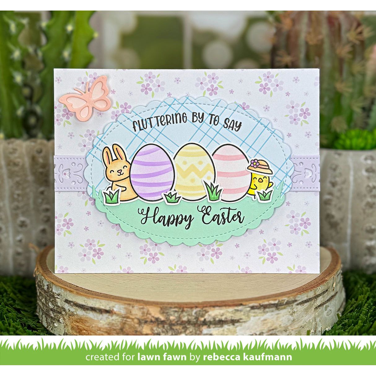 Easter card with colorful eggs and bunny on a decorative stand with plants in the background