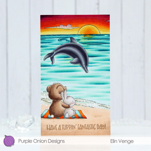 Purple Onion Designs Gazing Cling Stamp pod1335 Ocean Sunset Dolphin Scene Card