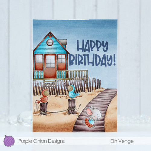 Purple Onion Designs Wood Post Set Cling Stamp pod1323 Beach House Happy Birthday Card