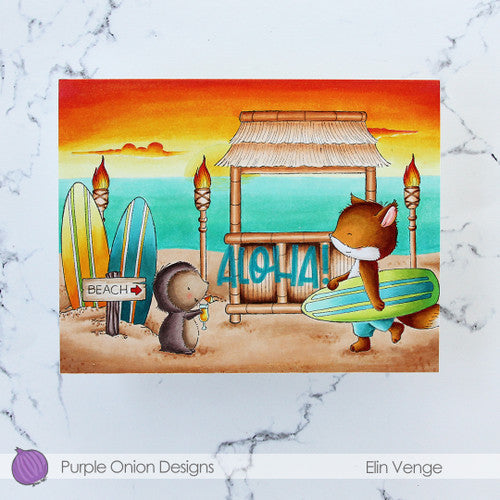 Purple Onion Designs Kai Cling Stamp pod1341 Aloha beach fox with surfboard