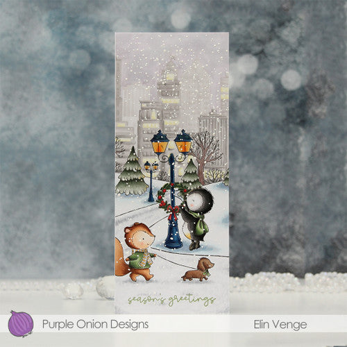 Purple Onion Designs Double Street Light Cling Stamp pod1370 Slimline Christmas City Scene Card