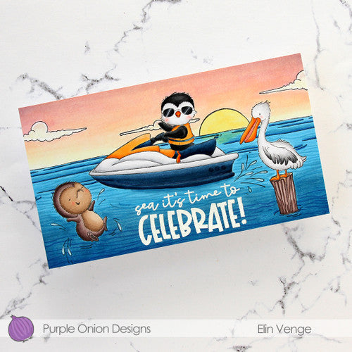 Purple Onion Designs Skeeter Cling Stamp pod1334 Sunrise And Sunset Jet Ski Card