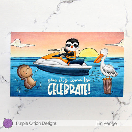 Purple Onion Designs Splash Cling Stamp pod1346 sea it's time to celebrate hedgehog jumping into ocean