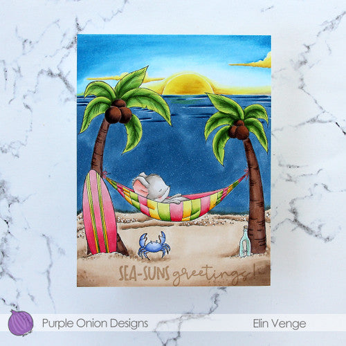 Purple Onion Designs Slumber Cling Stamp pod1336 Sunrise And Sunset Flat Lay Beach Hammock Card