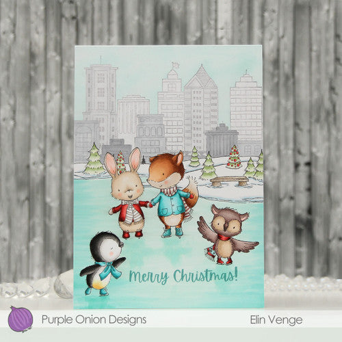 Purple Onion Designs Tuxedo Cling Stamp pod1363 Christmas Ice Skating Scene Card