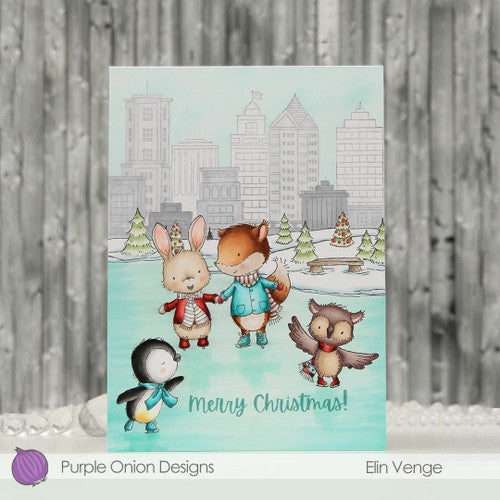 Purple Onion Designs City Skyline Background Cling Stamp pod1368 Ice Skating Christmas Card
