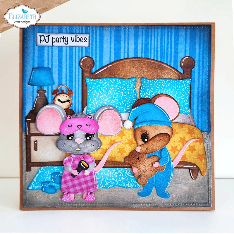 Elizabeth Craft Designs Bedtime Dies 2383 mice in pajamas blue pillows teddy bear pj party vibes card