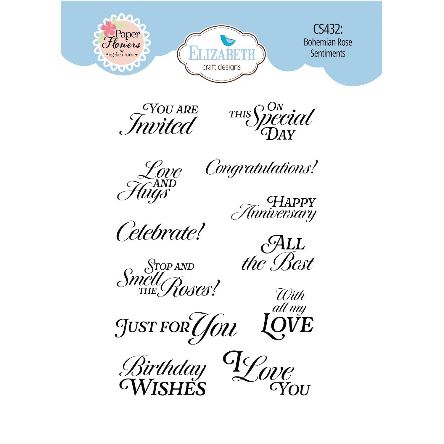 Elizabeth Craft Designs Bohemian Rose Sentiments Clear Stamps cs432