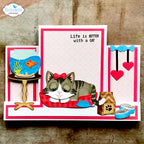 Elizabeth Craft Designs Cat Accessories Dies 2371 cat laying in cat bed fish bowl life is better with a cat card