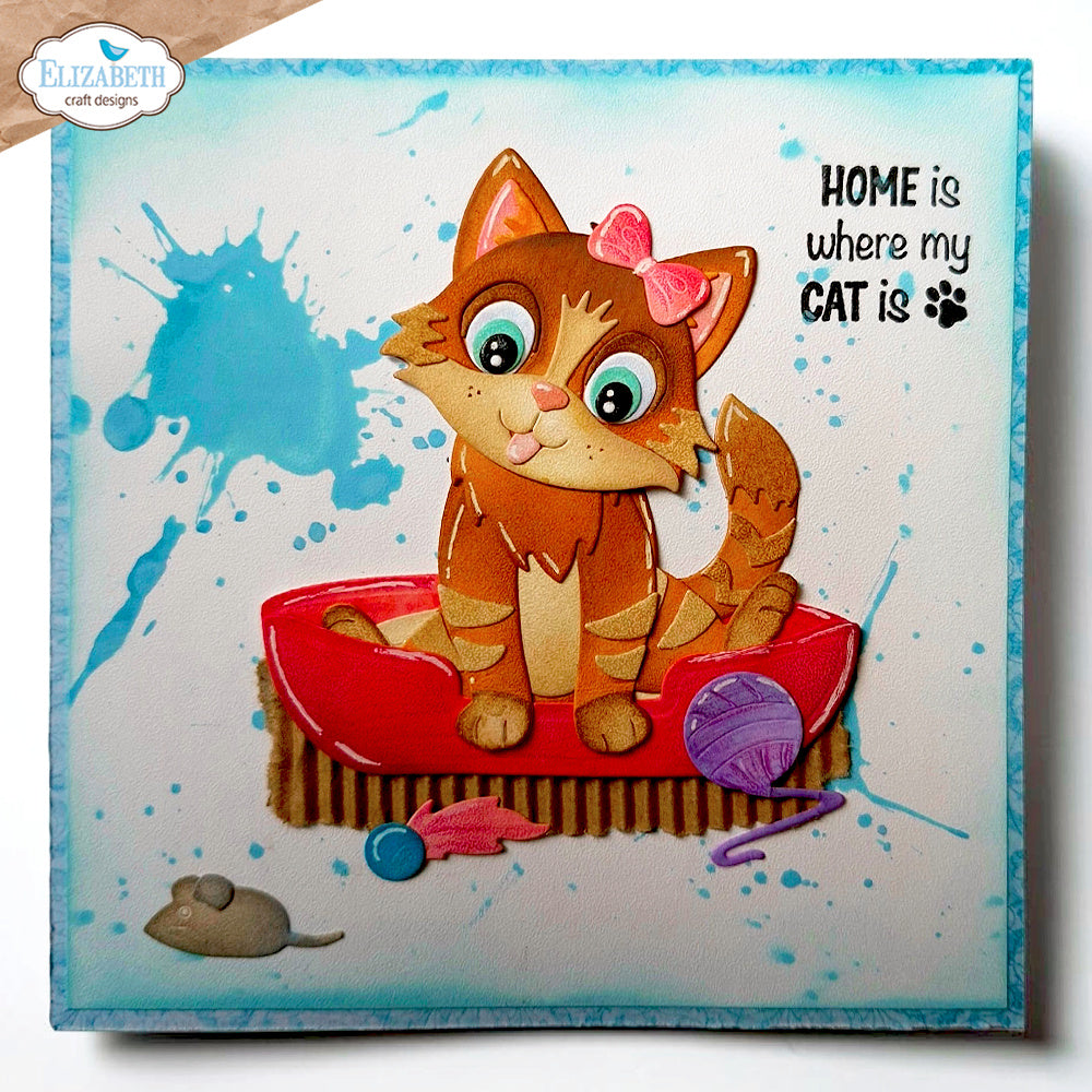 Elizabeth Craft Designs Cat Accessories Dies 2371 cat with cat bed yarn toys card