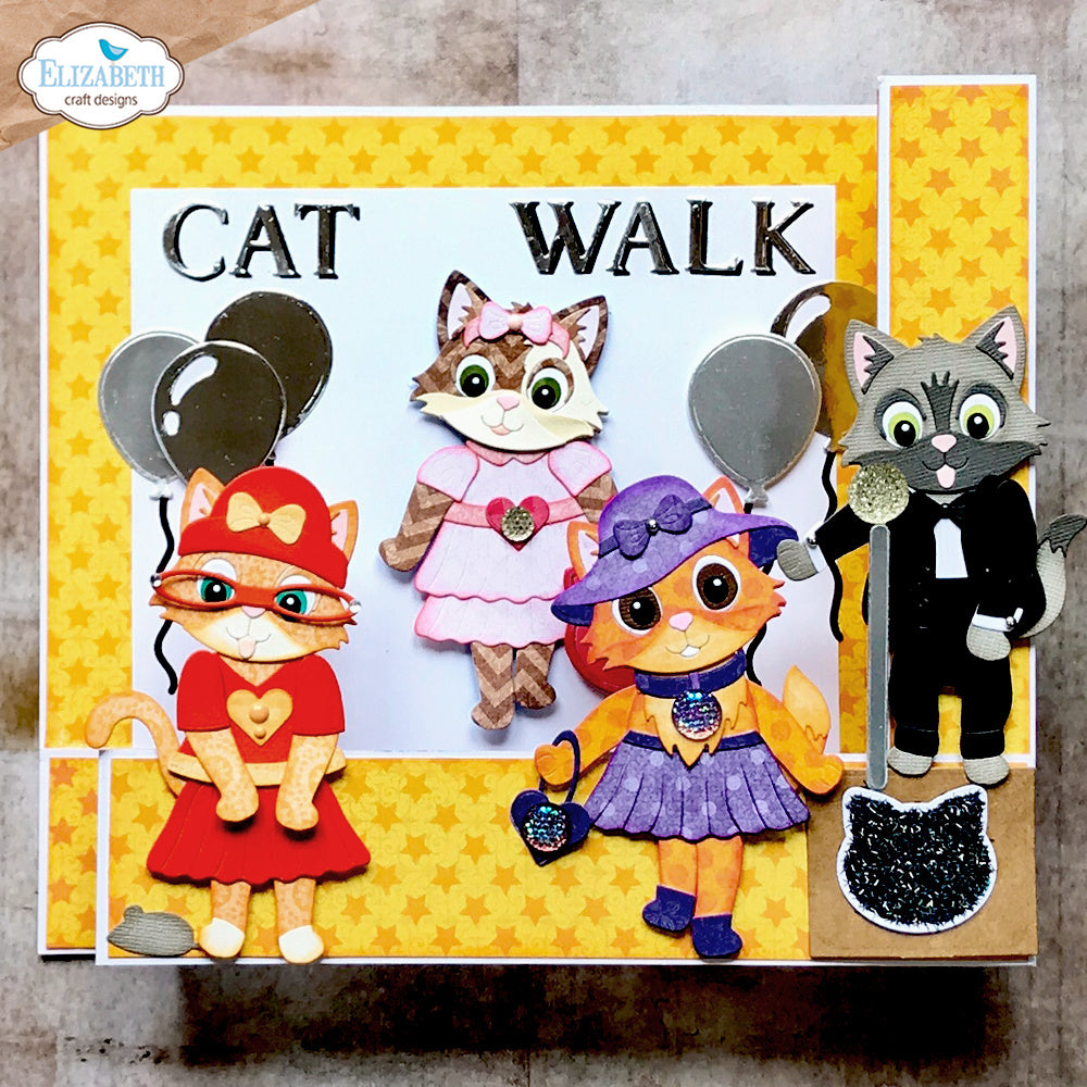 Elizabeth Craft Designs Cat Clothing Accessories Dies 2372 cats in dresses balloons cat walk card