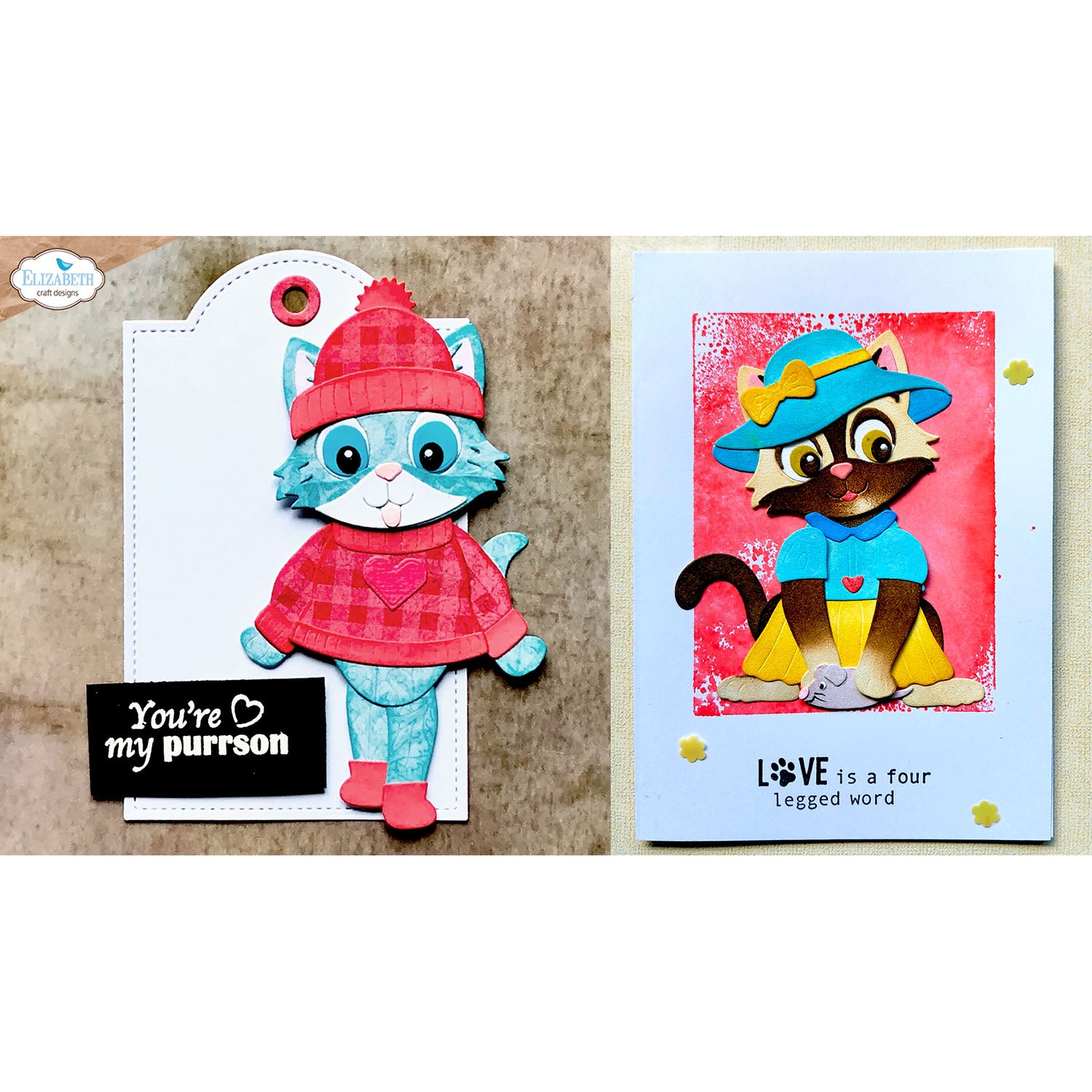 Elizabeth Craft Designs Cat Clothing Accessories Dies 2372 cats with hats love is a four legged word card
