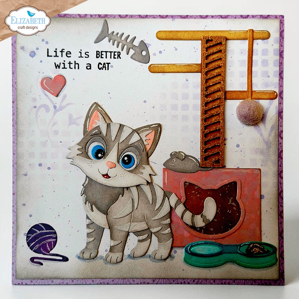 Elizabeth Craft Designs Cat Scratching Post Dies 2373 gray and white cat yarn food bowl