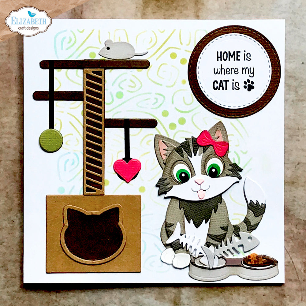 Elizabeth Craft Designs Cat Scratching Post Dies 2373 toy mouse cat with pink bow card