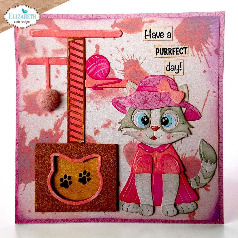 Elizabeth Craft Designs Cats Die and Stamp Bundle cat in pink dress yarn have a purrfect day card