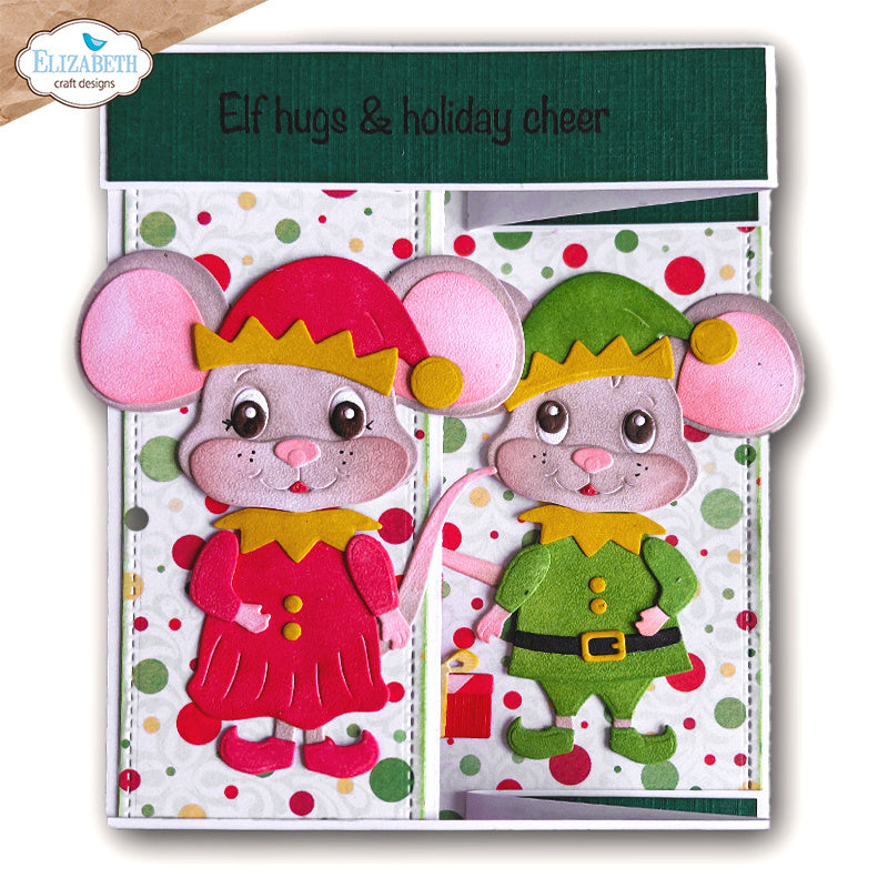 Elizabeth Craft Designs Elf Dies 2388 colored polka dots red hat green hat holiday cheer card
