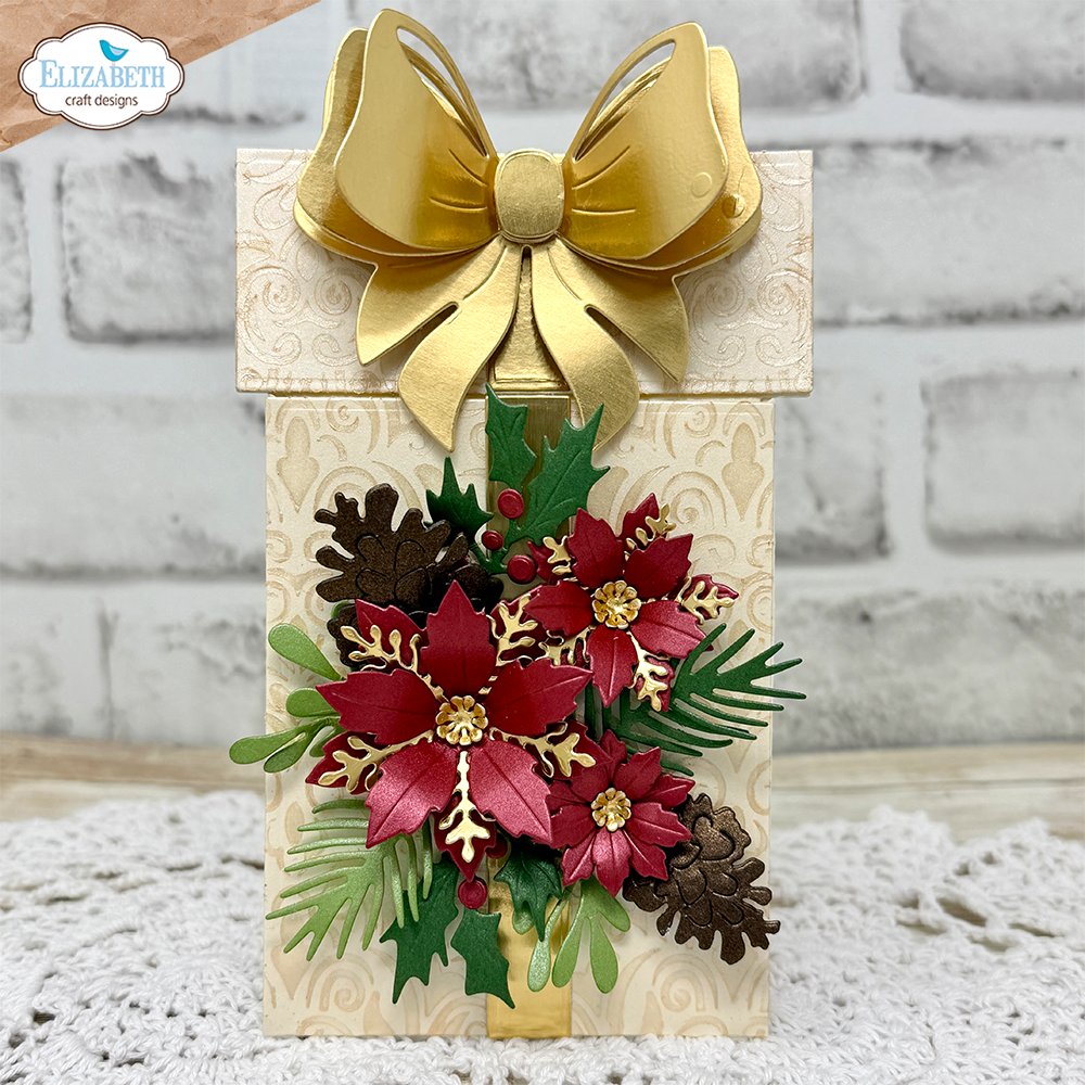 Elizabeth Craft Designs Festive Floral and Foliage Dies 2399 gold bow poinsettia gift card holder