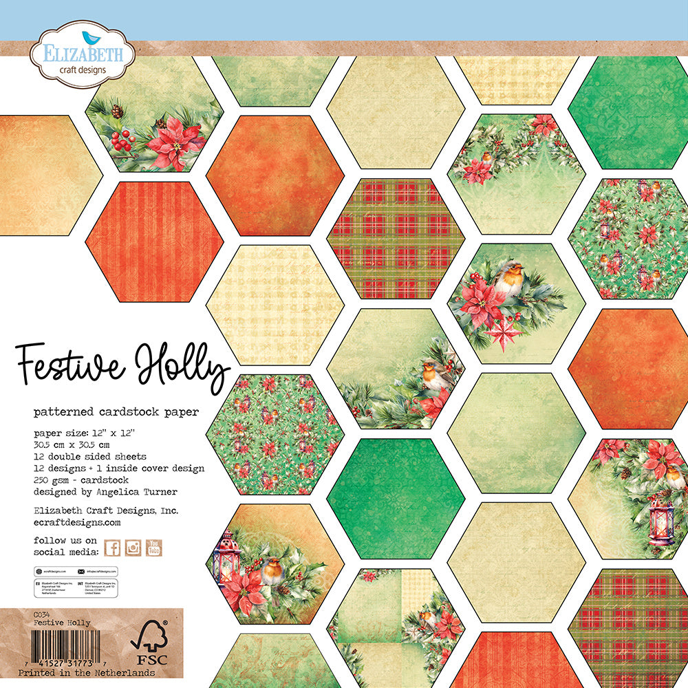 Elizabeth Craft Designs Festive Holly 12x12 Paper Pad c034
