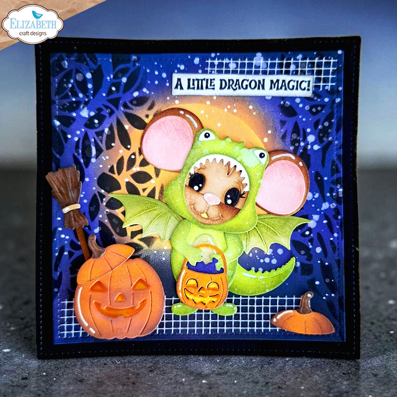 Elizabeth Craft Designs Halloween Costumes Cute Dies 2384 green dragon mouse broom pumpkin card