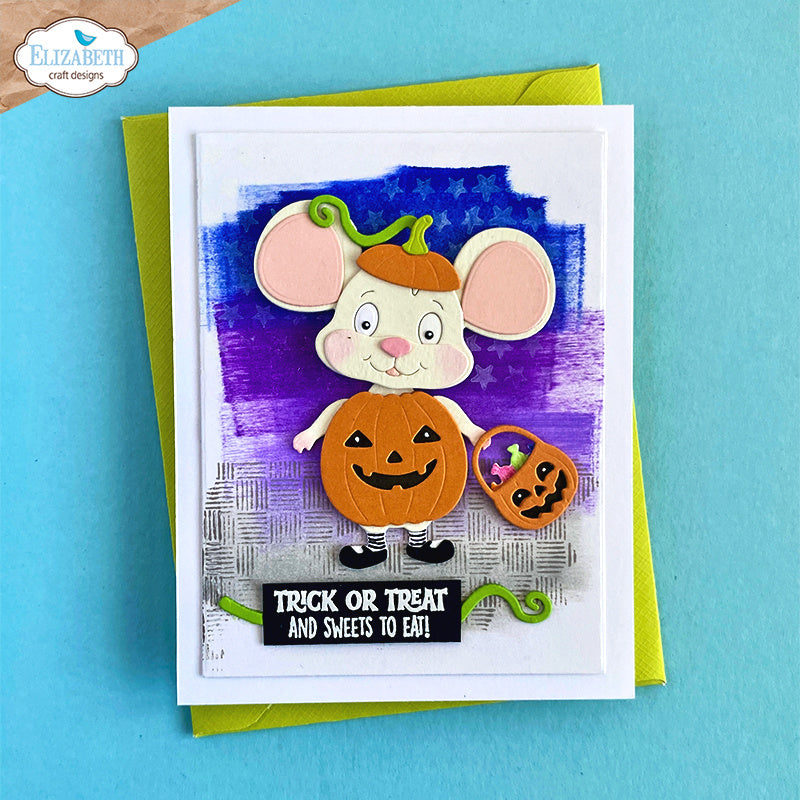 Elizabeth Craft Designs Halloween Costumes Cute Dies 2384 mouse in pumpkin costume stars white card