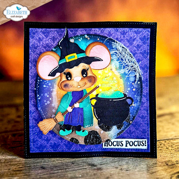 Elizabeth Craft Designs Halloween Costumes Scary Dies 2385 mouse in witch hat cauldron broom hocus pocus card