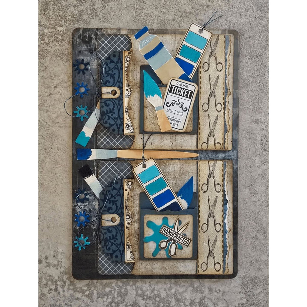 Elizabeth Craft Designs Home Hobbies Dies 2357 paint brushes blue paint palette ticket journal page