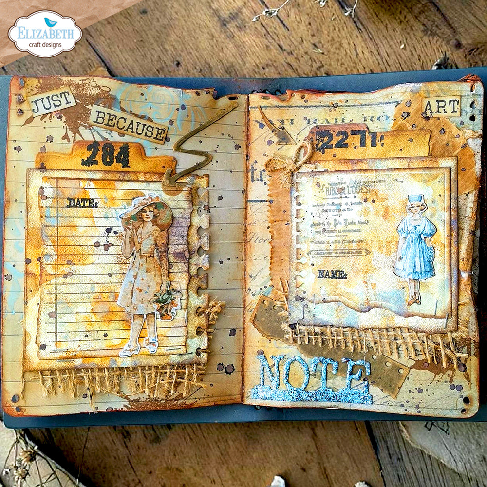 Elizabeth Craft Designs Notebook Fragments Dies 2368 woman in hat blue dress note just because folder card