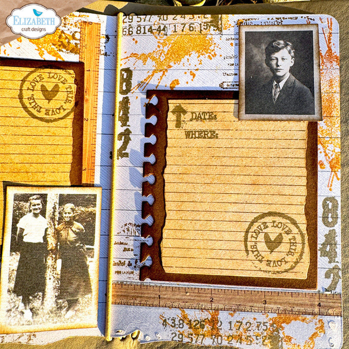Elizabeth Craft Designs Notebook Fragments Dies 2368 woman standing by pole man in frame notebook sheet