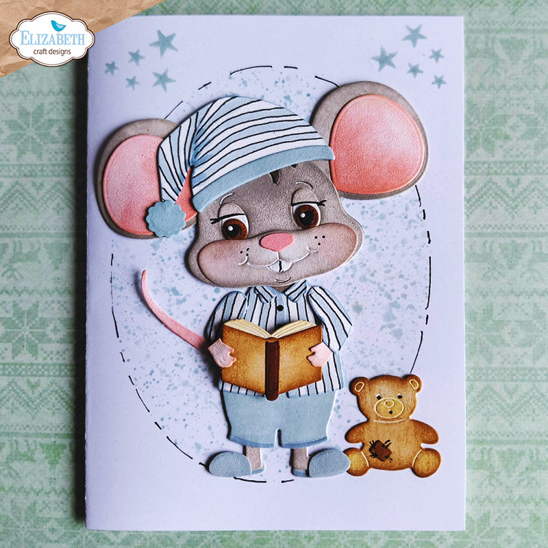 Elizabeth Craft Designs PJ Party Dies 2382 mouse in stripped pajamas brown teddy bear card