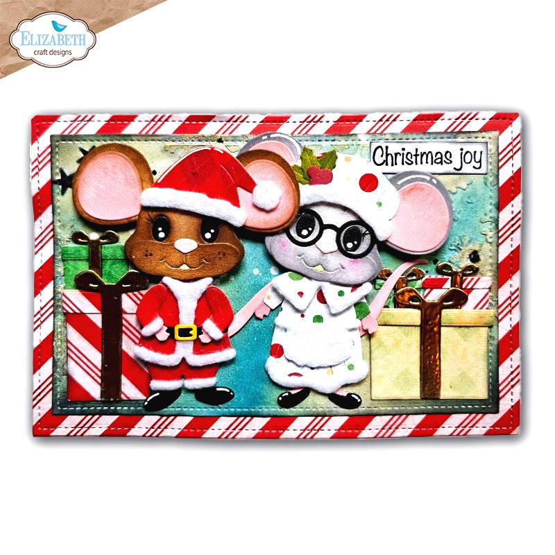 Elizabeth Craft Designs Santa and Mrs. Claus Dies 2387 presents striped background christmas joy card